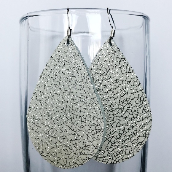 White/Silver Shimmer Leather Earrings - Picture 2 of 2